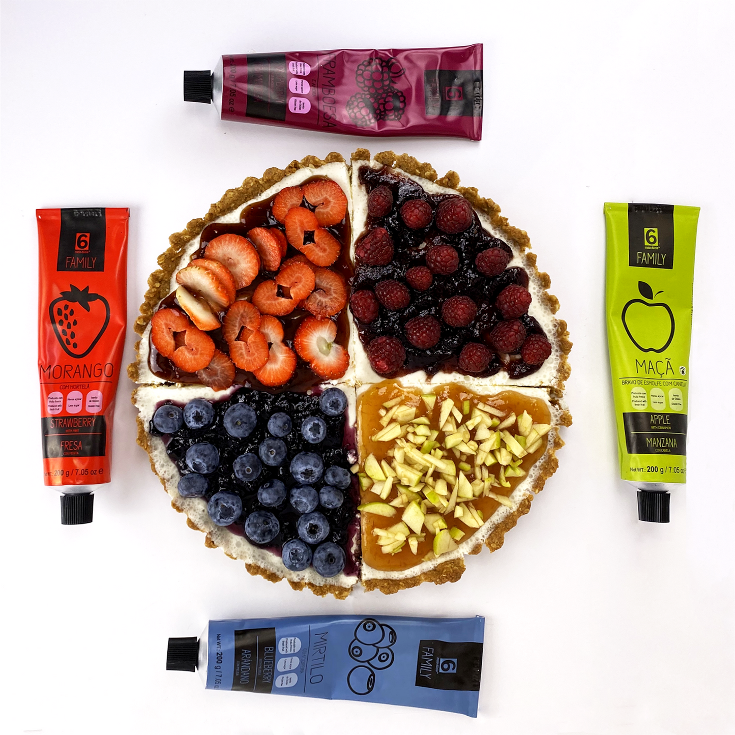 Cheesecake 4 sabores com frutos vermelhos e maçã com Doce Extra de Mirtilo com Cidreira - compota artesanal em bisnaga by meia.dúzia - sabores de Portugal